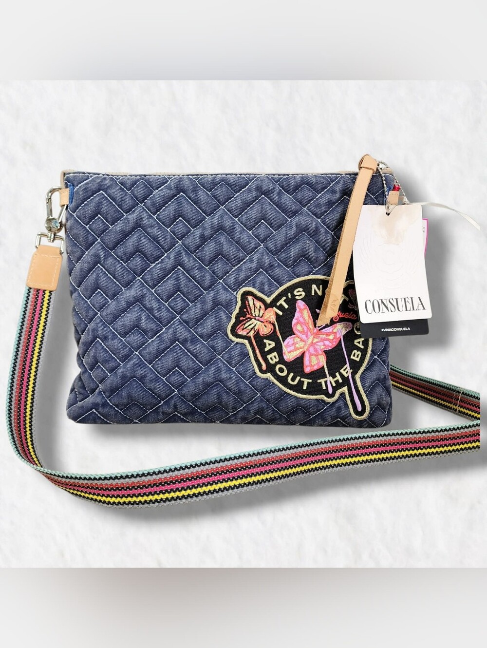 Consuela Denim Quilted Crossbody with Butterfly Patch and Striped Strap